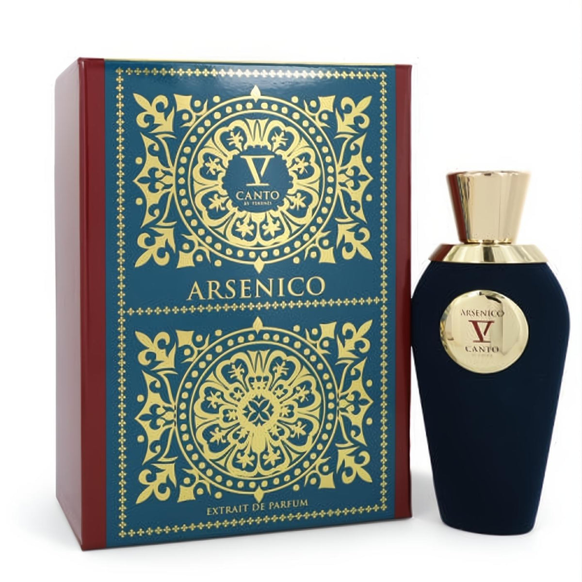 Captivating Arsenico V Canto unisex fragrance: dark blue velvet bottle with a gold cap, next to its ornate gold-filigree box.