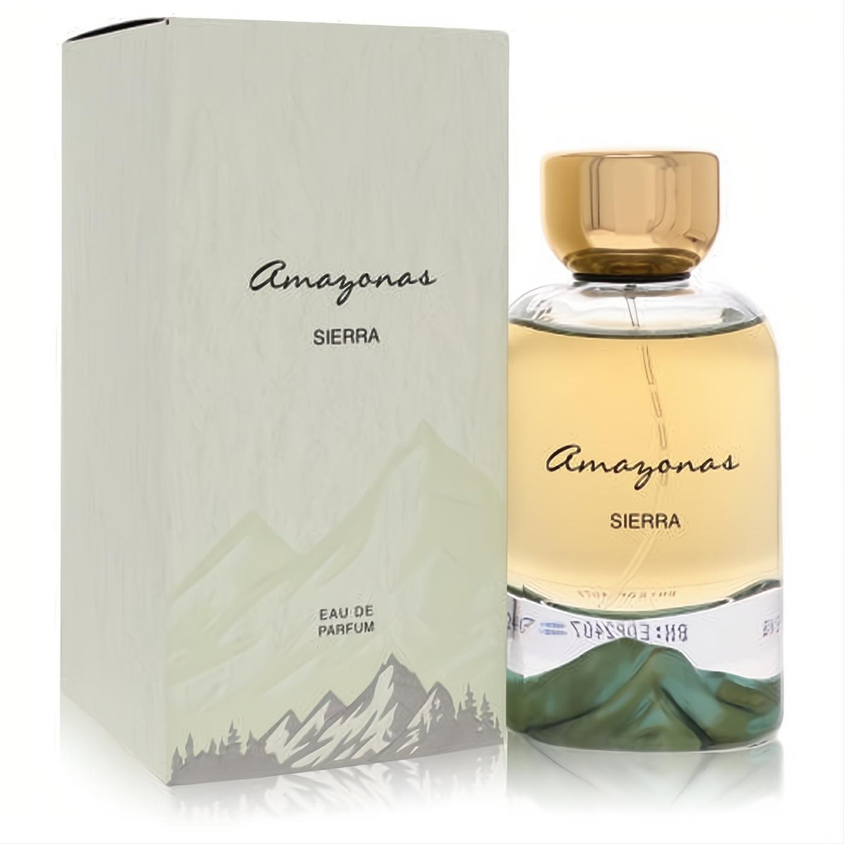 Atralia Amazonas Sierra 3.4 oz unisex Eau De Parfum. Clear bottle, gold cap, amber liquid, and unique green mountain base, with matching box.