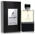Avant by Maison Alhambra 3.4 oz men's Eau De Parfum. Elegant clear and black bottle with a silver cap, next to its textured black box.