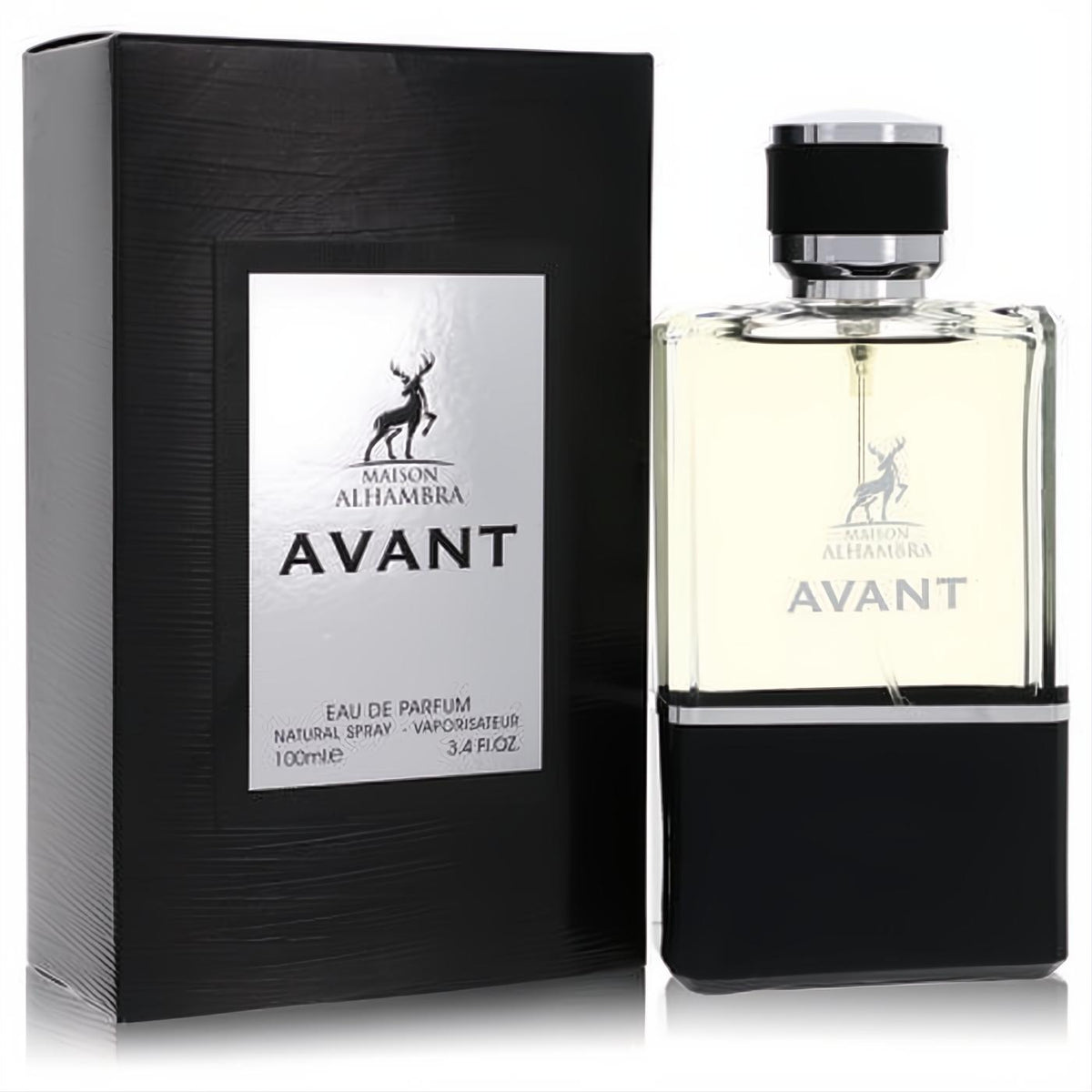 Avant by Maison Alhambra 3.4 oz men's Eau De Parfum. Elegant clear and black bottle with a silver cap, next to its textured black box.
