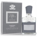 Luxurious Creed Aventus Cologne 1.7 oz men's fragrance. Clear glass bottle with elegant gray cap and matching textured box.