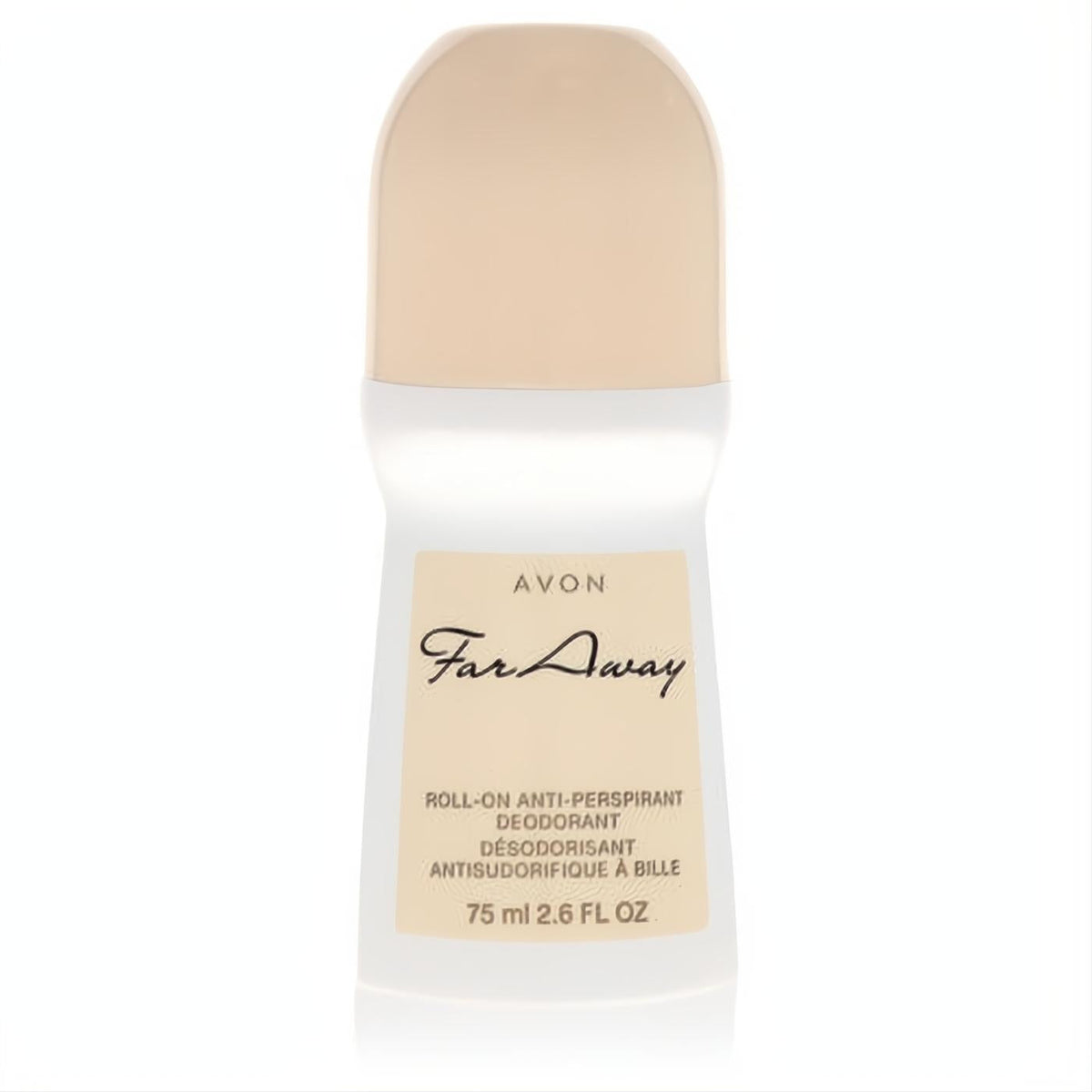 Avon Far Away roll-on deodorant. Sleek white 2.6 oz bottle with a smooth beige cap and signature Far Away label.