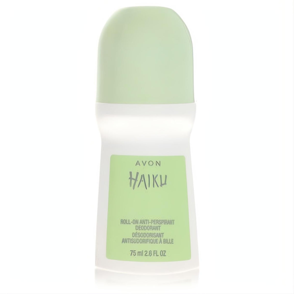 Avon Haiku 2.6 oz roll-on anti-perspirant deodorant. Sleek white bottle with a vibrant light green cap and label.