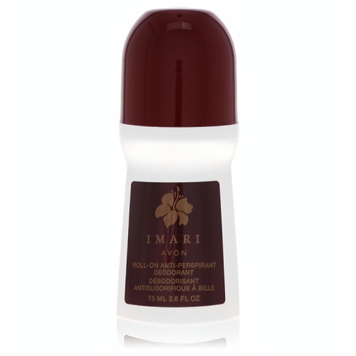 Avon Imari 2.6 oz roll-on deodorant. White bottle, rich burgundy cap, and elegant brown label with a golden hibiscus design.