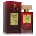 Azha Amber Malaky men's Eau De Parfum. Striking deep red bottle, textured gold cap, and elegant matching box.