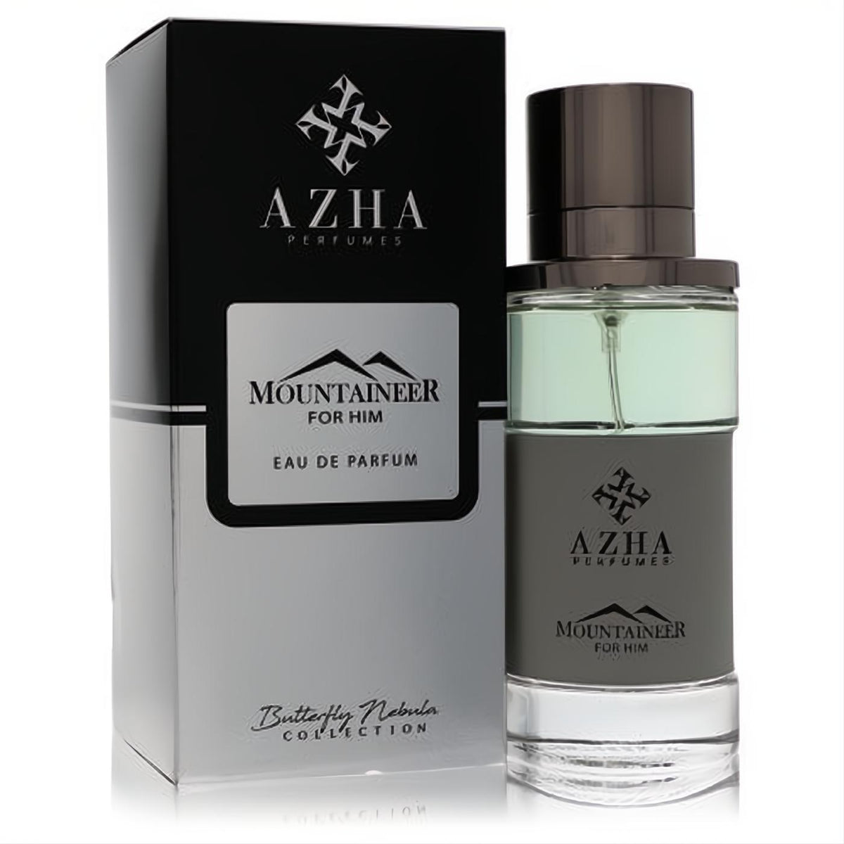 Azha Mountaineer men's EDP, 3.3 oz. Bold black and silver box next to a modern bottle with grey label and refreshing green liquid.