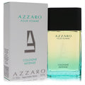 Azzaro Cologne Intense 3.4 oz men's EDT spray. Sleek bottle with vibrant yellow-green liquid, next to its elegant white box.