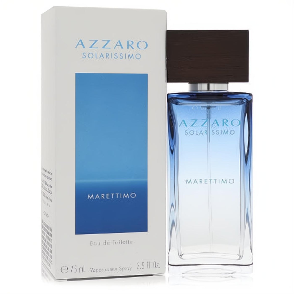 Azzaro Solarissimo Marettimo 2.5 oz men's EDT. Sleek blue gradient glass bottle with a dark wood cap, displayed with its matching white box.