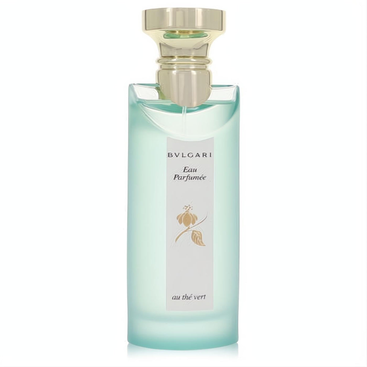 BVLGARI Eau Parfumée au Thé Vert 2.5 oz unisex fragrance. Elegant frosted aqua bottle with gold cap and iconic green tea leaf label.