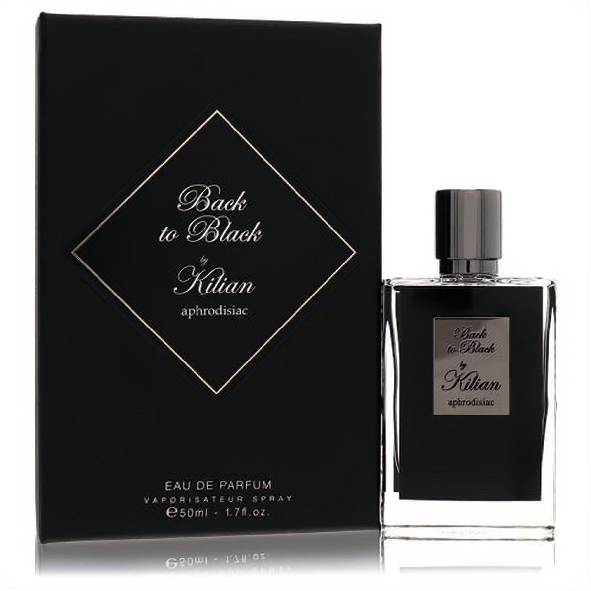 Kilian Back to Black Aphrodisiac 1.7 oz EDP. Luxurious black bottle, sleek gunmetal cap, and elegant gold-detailed box.
