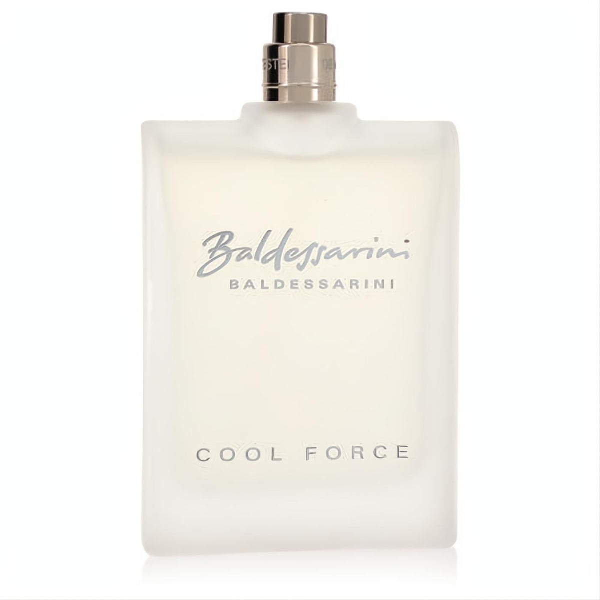 Baldessarini Cool Force 3 oz men's EDT spray in a modern frosted white glass bottle with elegant silver cap.