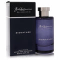 Baldessarini Signature 3 oz EDT. Sleek dark purple glass bottle with a silver cap, presented beside its elegant matching box.