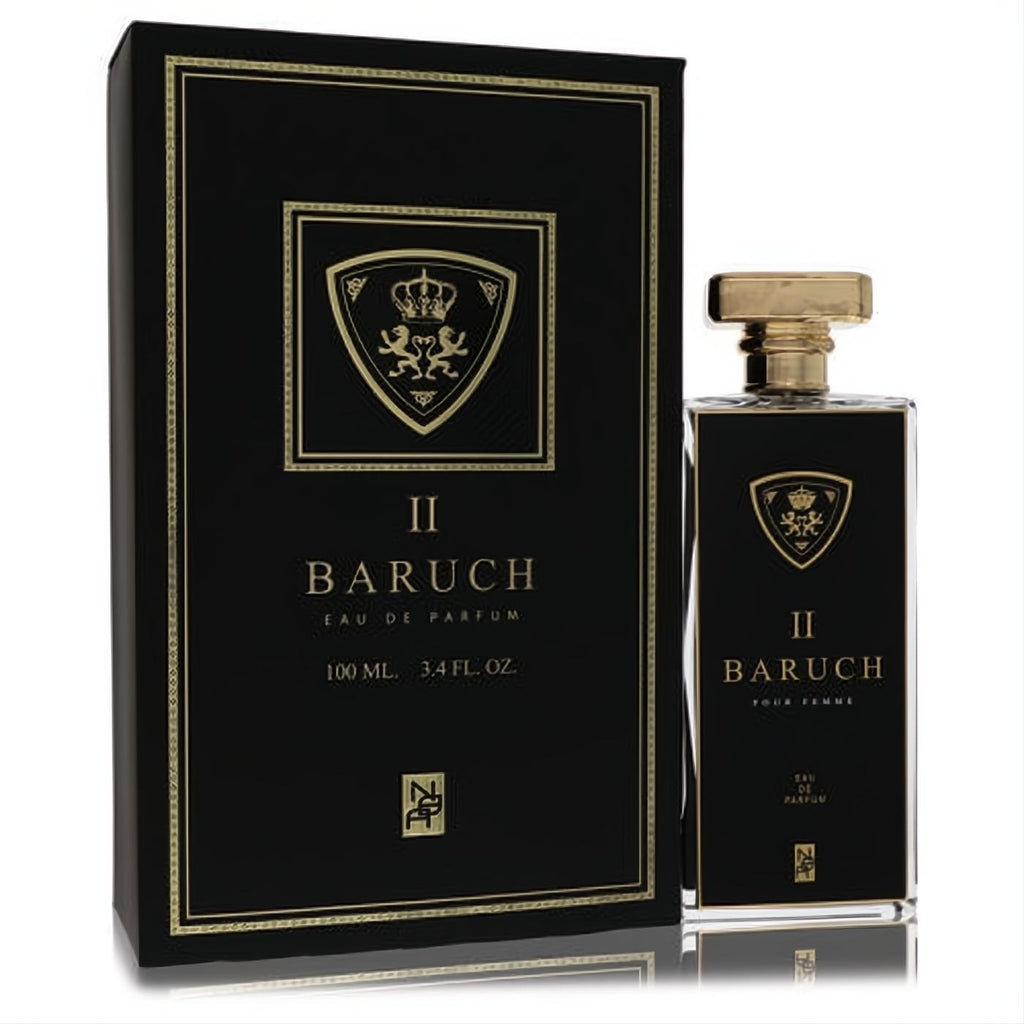 Luxurious Baruch II Eau De Parfum 3.4 oz for women, featuring a sleek black bottle with gold crest and matching elegant box.