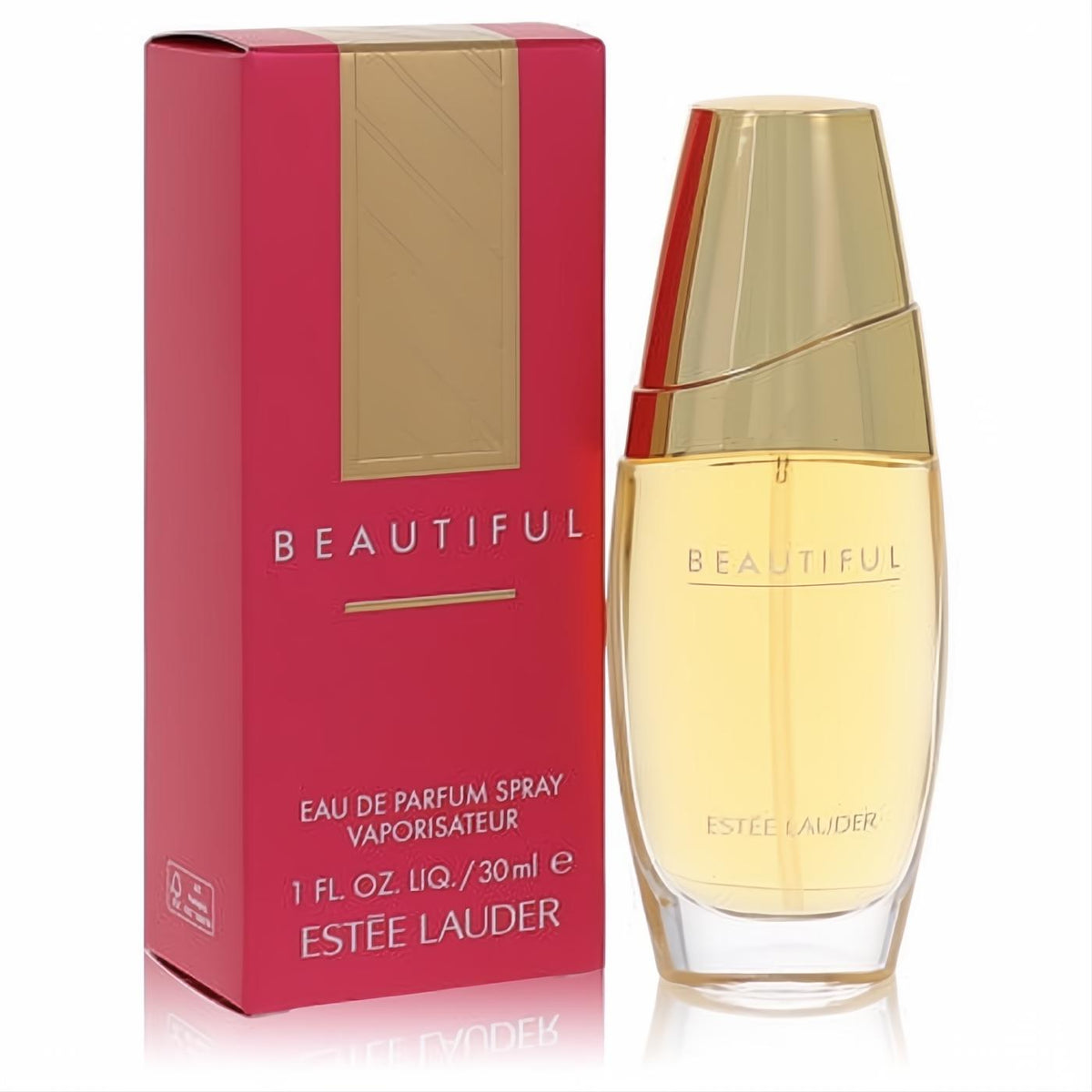 Estee Lauder Beautiful 1 oz / 30ml Eau de Parfum. Elegant clear bottle with golden liquid, sleek gold cap, and vibrant fuchsia box.