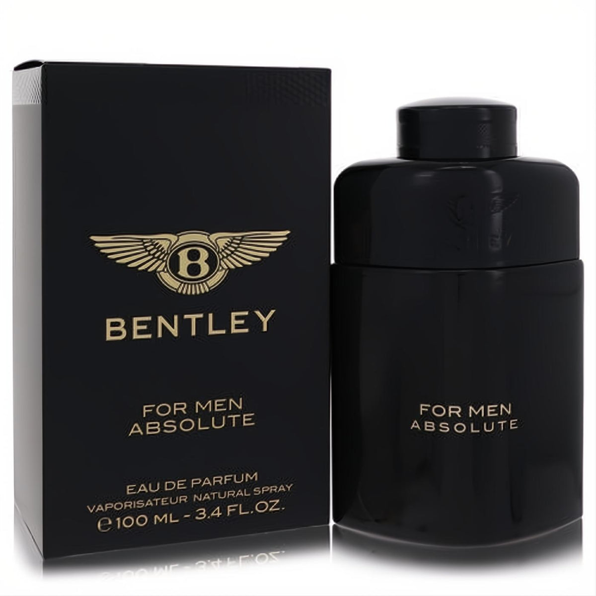 Experience luxury with Bentley Absolute 3.4 oz men's Eau de Parfum. Sleek black bottle, gold logo, elegant box.