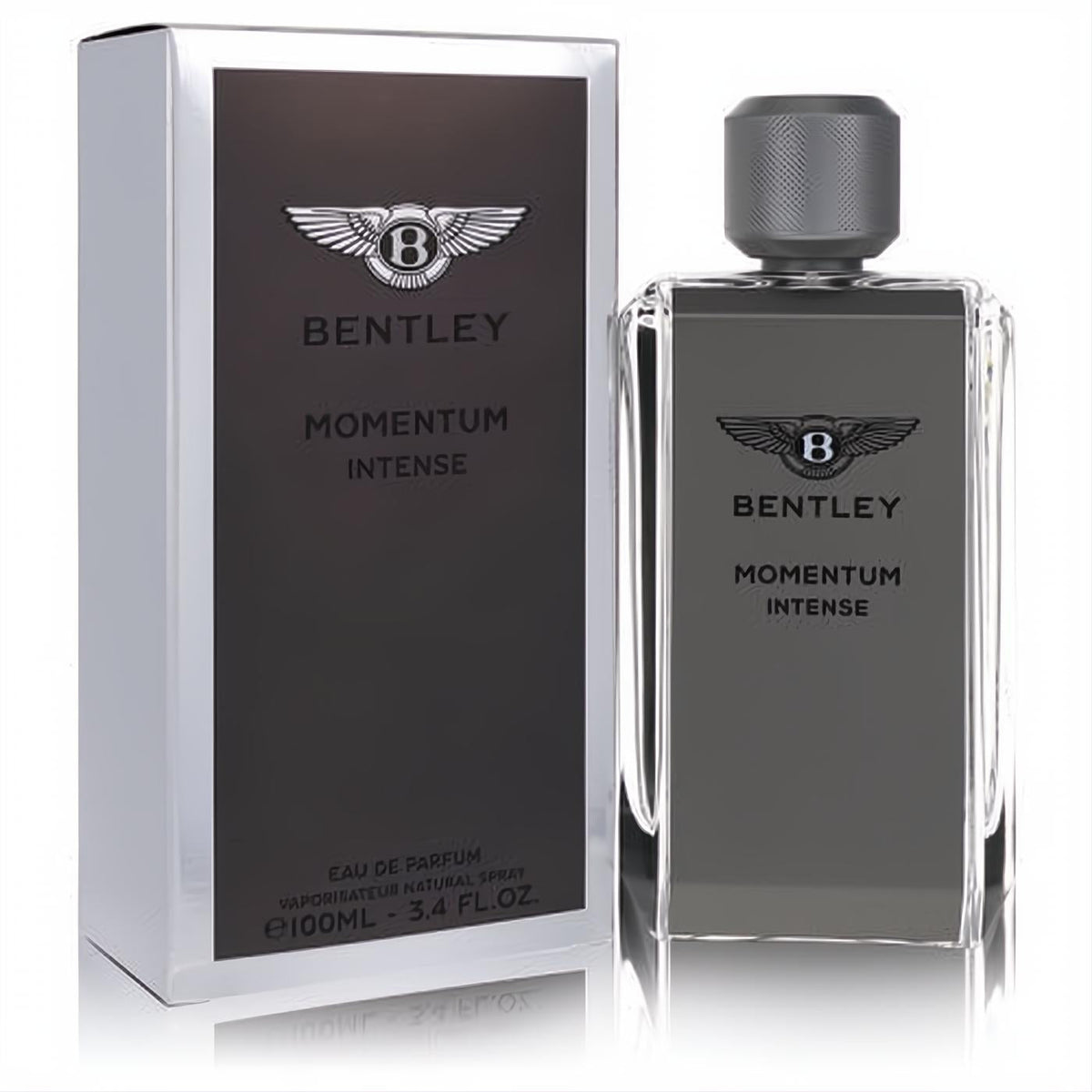 Bentley Momentum Intense 3.4 oz Eau De Parfum spray for men. Sleek dark grey bottle and box with silver Bentley logo.