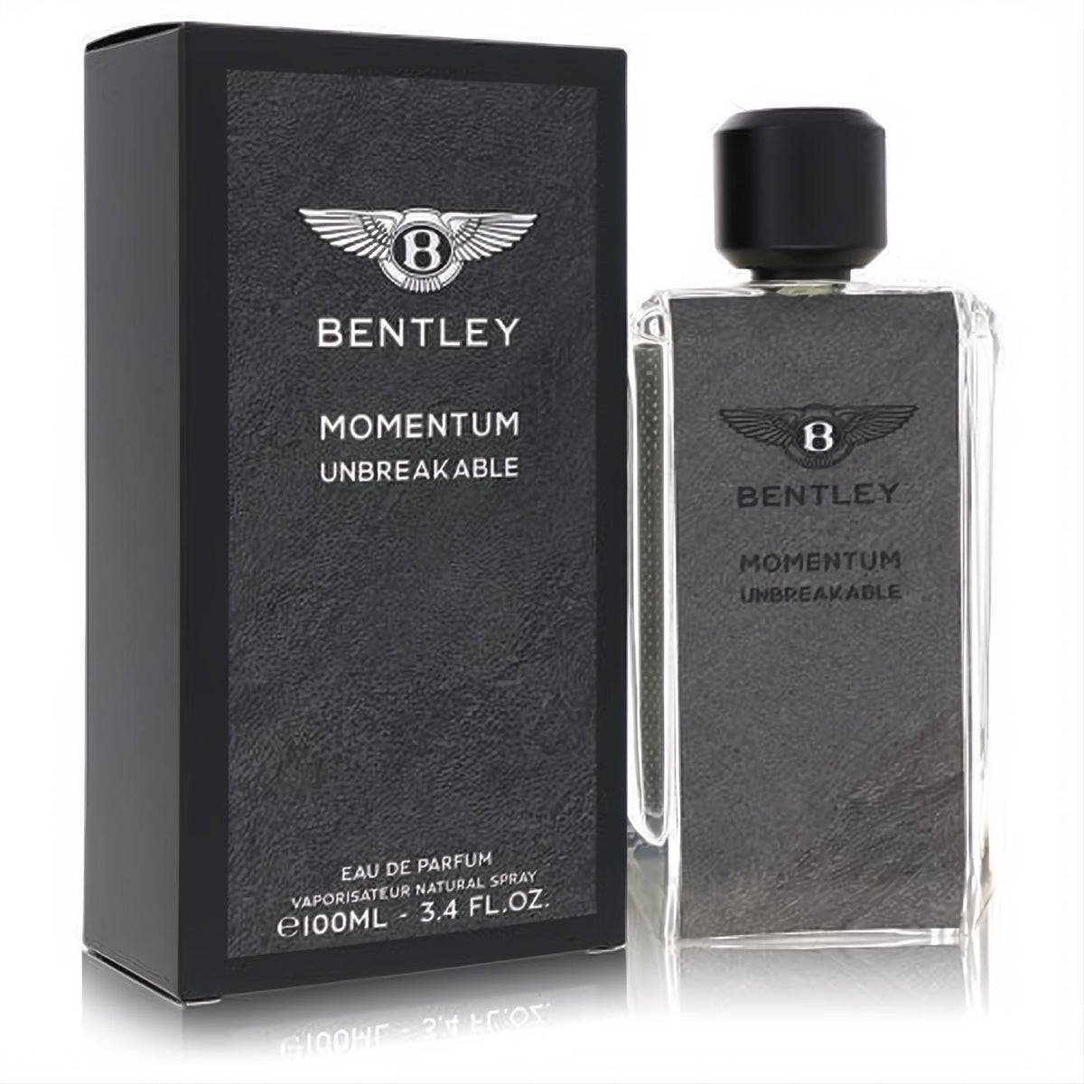 Bentley Momentum Unbreakable 3.4 oz EDP. Sophisticated clear glass bottle with black textured label and matching box.