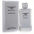 Sophisticated Bentley Momentum 3.4 oz men's cologne. Clear glass bottle with silver label, textured cap, and matching silver box.