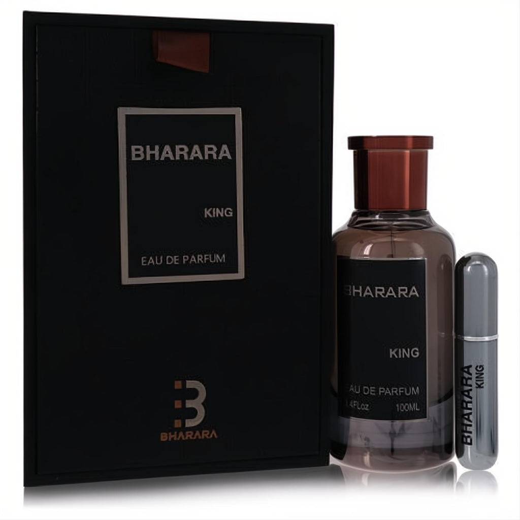 Bharara King 3.4 oz Eau De Parfum set for men: rich amber bottle, black box, and sleek silver refillable travel spray.