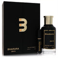 Luxurious Bharara Onyx 3.4 oz men's EDP spray set: sleek black bottle, gold cap, travel spray, and elegant black box with gold B logo.