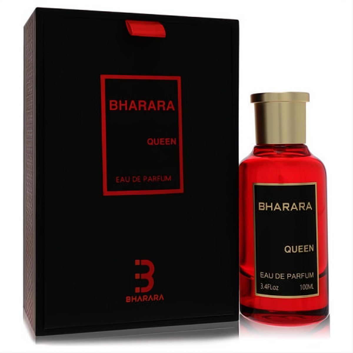 Experience Bharara Queen 3.4 oz EDP. Bold red glass bottle, luxurious gold cap, and elegant black box with red branding.
