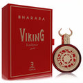 Bharara Viking Kashmir 3.4 oz men's EDP. Bold red box, round red bottle with gold Viking helmet cap and intricate shield design.