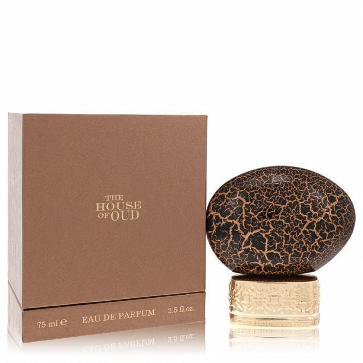 The House of Oud Blessing Silence 2.5 oz EDP. Exquisite cracked black and gold egg-shaped bottle with ornate base and elegant brown box.