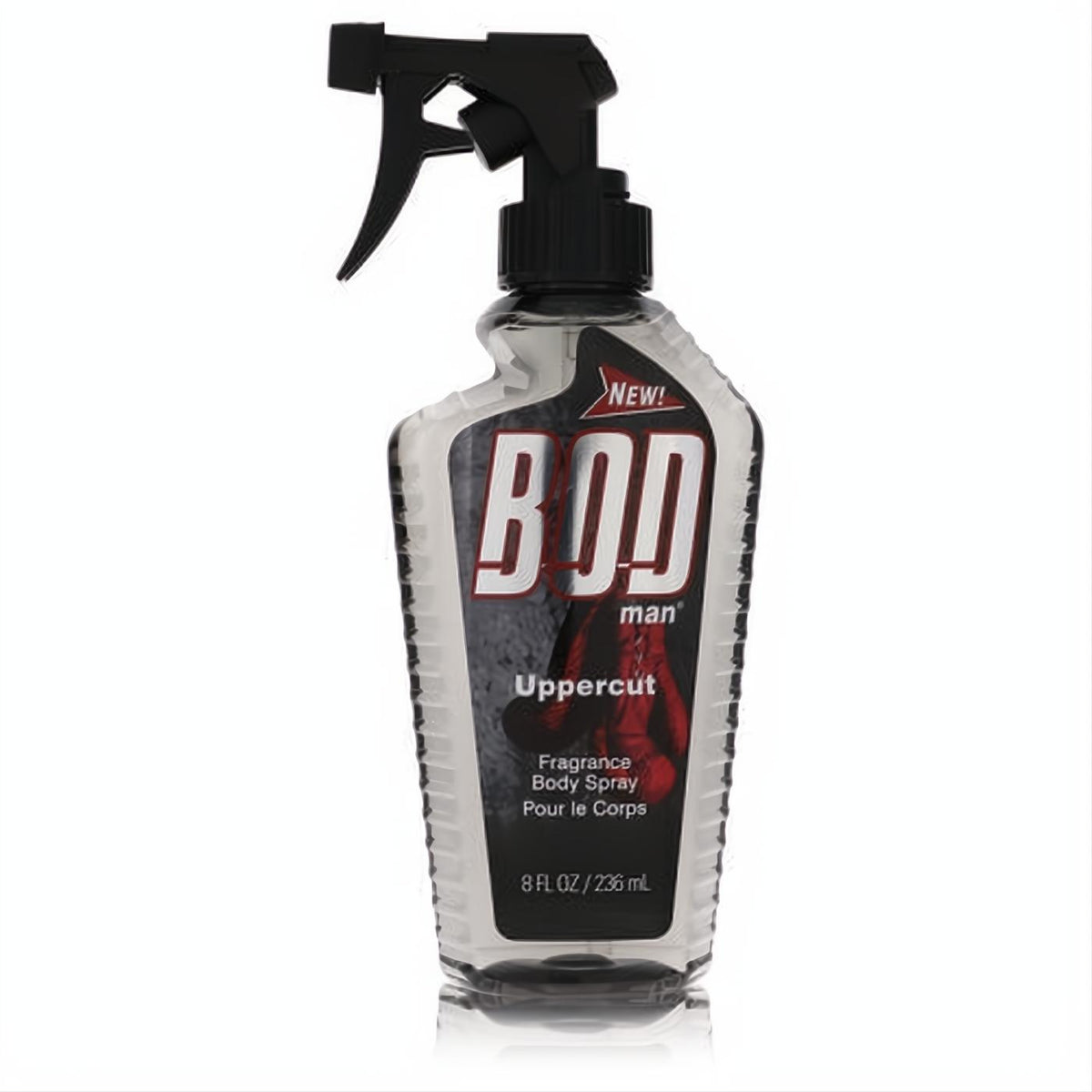 Powerful Bod Man Uppercut 8oz body spray. Clear contoured bottle with black trigger and bold red boxing glove label.