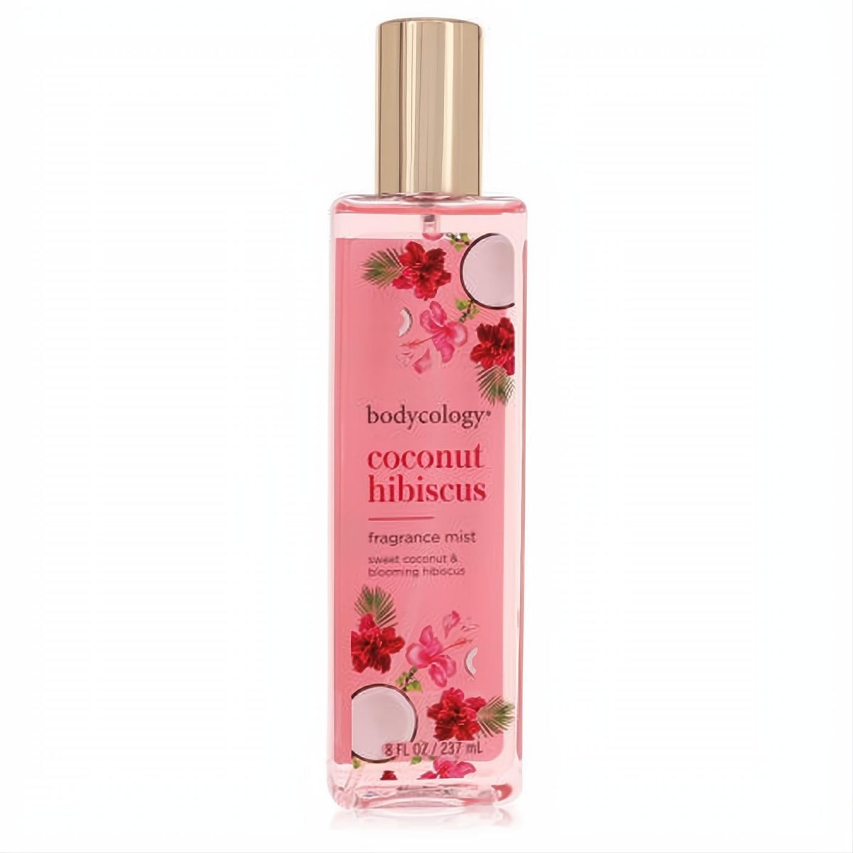 Bodycology Coconut Hibiscus 8 oz fragrance mist. Clear pink bottle, elegant gold cap, tropical hibiscus and coconut design.