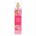Bodycology Pink Vanilla Wish 8 oz fragrance mist. Clear bottle, vibrant pink liquid, elegant peony floral label, gold sprayer.