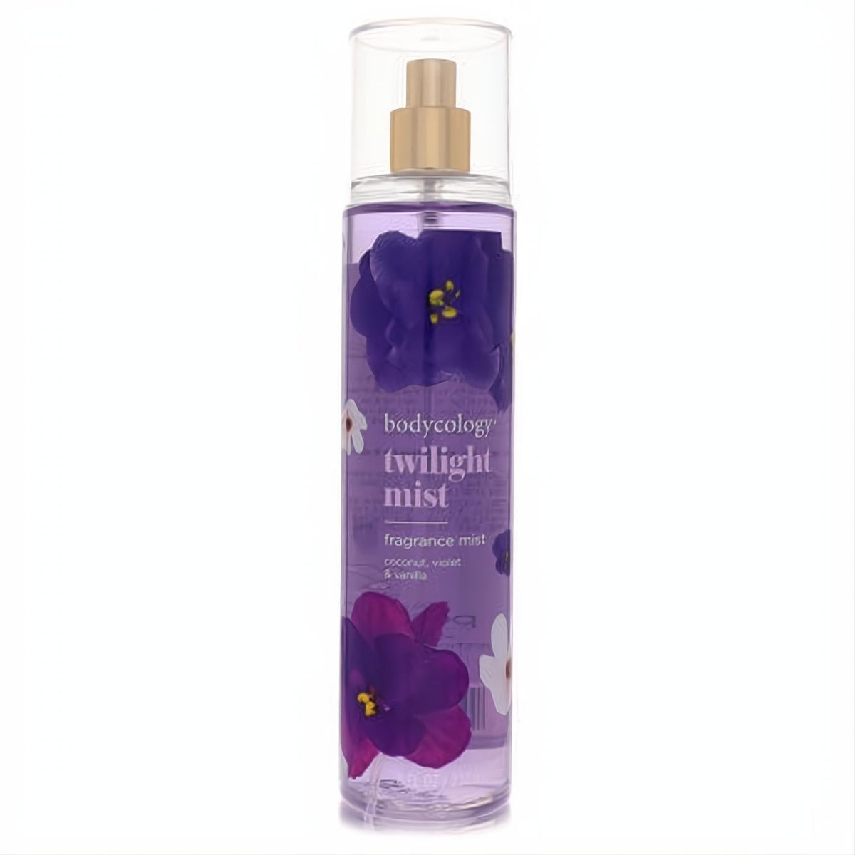 Bodycology Twilight Mist 8 oz fragrance spray. Clear bottle with enchanting purple liquid, gold sprayer, and elegant violet flower design.