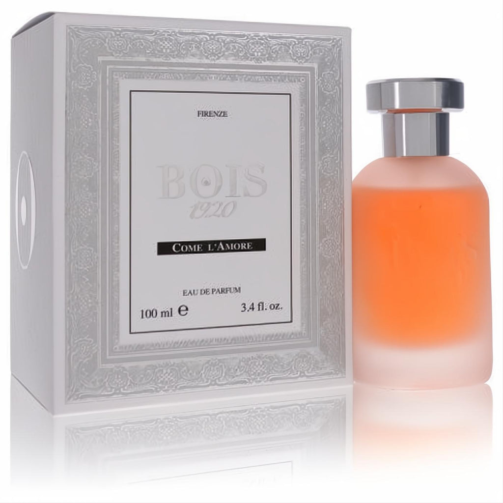 Bois 1920 Come L'amore unisex Eau De Parfum, 3.4 oz. Features a vibrant orange frosted bottle and elegant white embossed box.