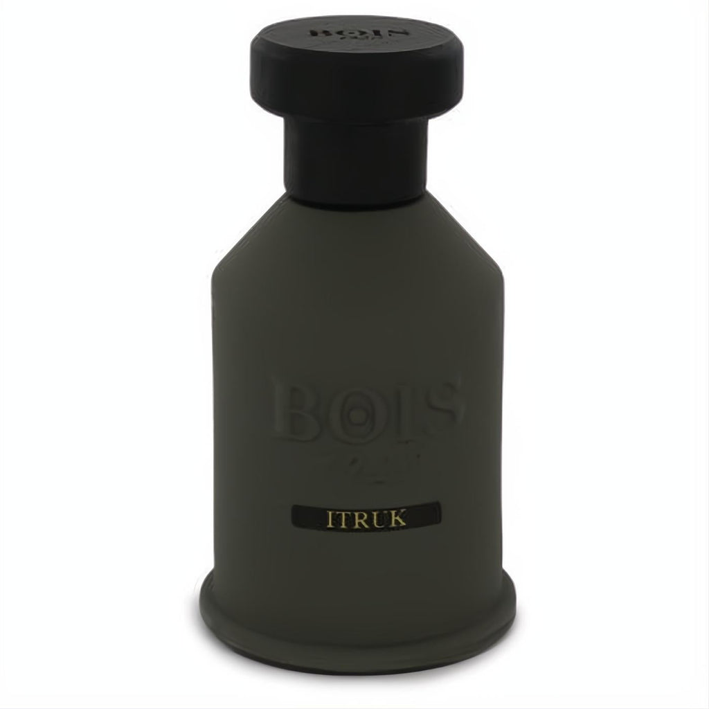 Sleek matte olive green Bois 1920 Itruk Eau De Parfum tester bottle with black cap.