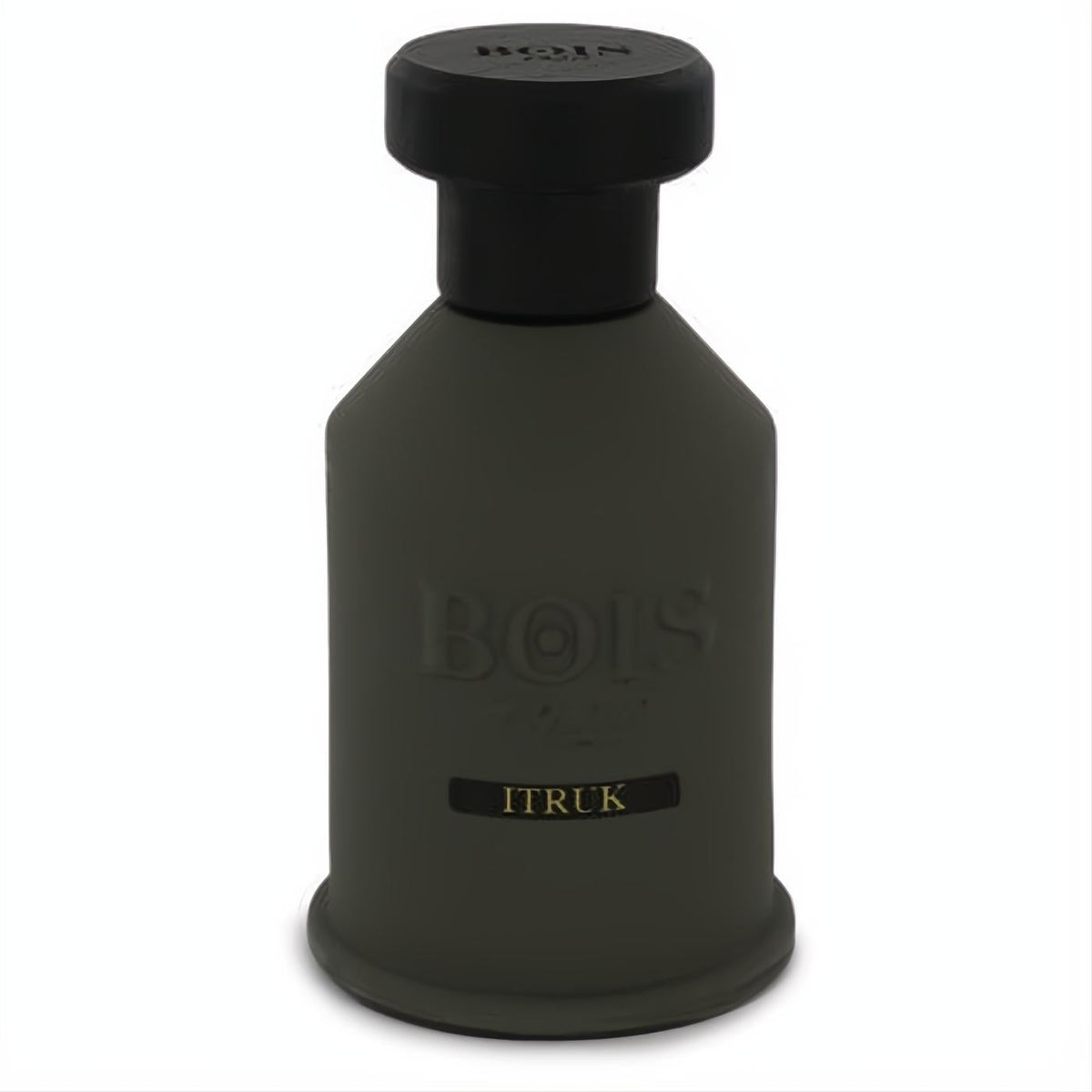 Sleek matte olive green Bois 1920 Itruk Eau De Parfum tester bottle with black cap.