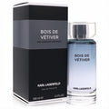Karl Lagerfeld Bois De Vetiver 3.3 oz EDT for men. Sleek clear glass bottle, gradient blue scent, and sophisticated black box.