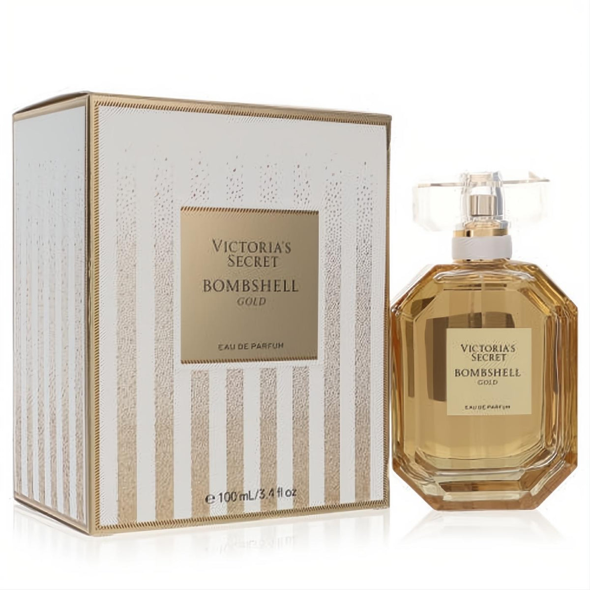 Victoria's Secret Bombshell Gold 3.4 oz EDP. Golden octagonal bottle, clear faceted cap, and a luxurious white-gold striped box.