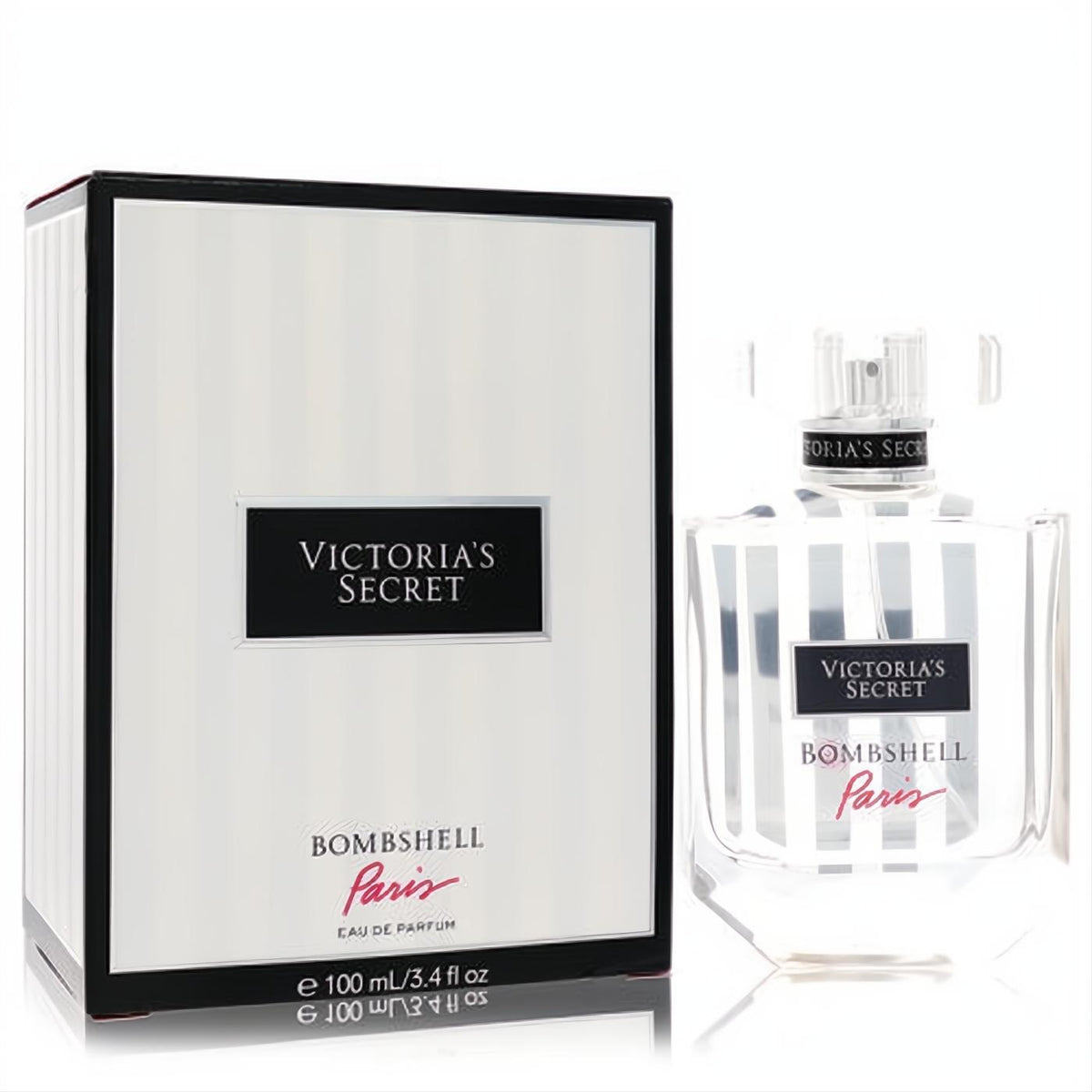 Elegant Victoria's Secret Bombshell Paris 3.4 oz EDP. Clear striped bottle, chic white and black striped box with red Paris script.