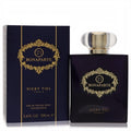 Luxurious Vicky Tiel Bonaparte 21 Eau De Parfum, 3.4 oz. Deep purple bottle with ornate gold label and clear ribbed cap, alongside its matching box.