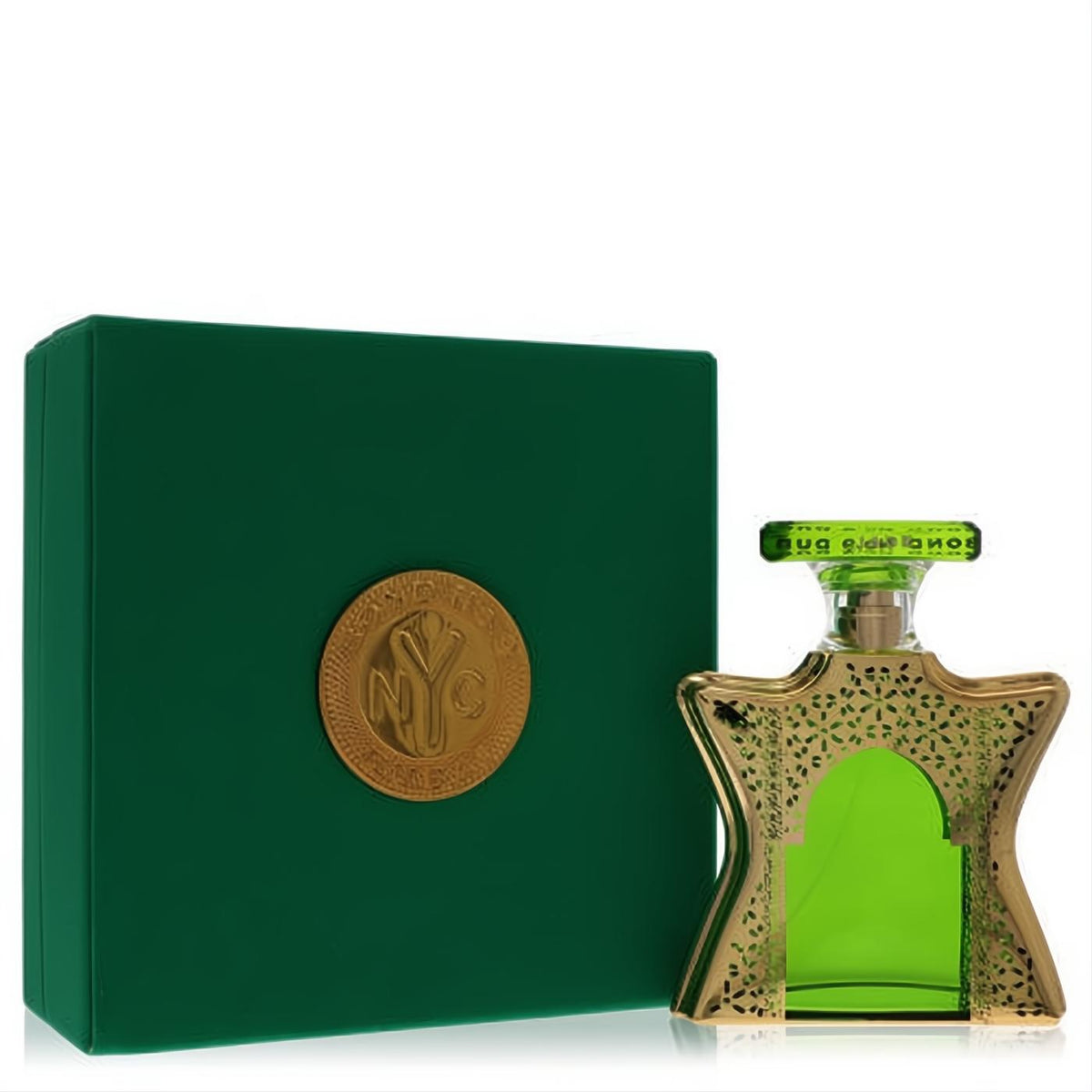 Bond No. 9 Dubai Jade 3.3 oz EDP. Striking green bottle with ornate gold filigree, luxurious emerald box, gold NYC medallion.