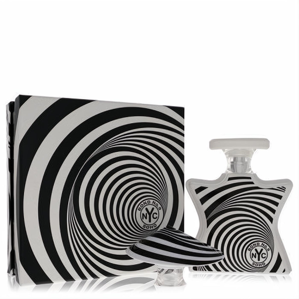 Bold Bond No. 9 Soho 3.3 oz EDP bottle and box, featuring a mesmerizing black and white spiral design with the NYC logo.