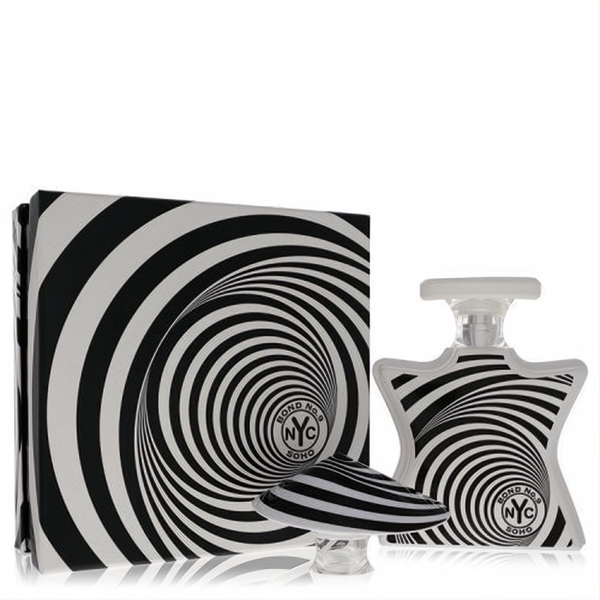 Bold Bond No. 9 Soho 3.3 oz EDP bottle and box, featuring a mesmerizing black and white spiral design with the NYC logo.