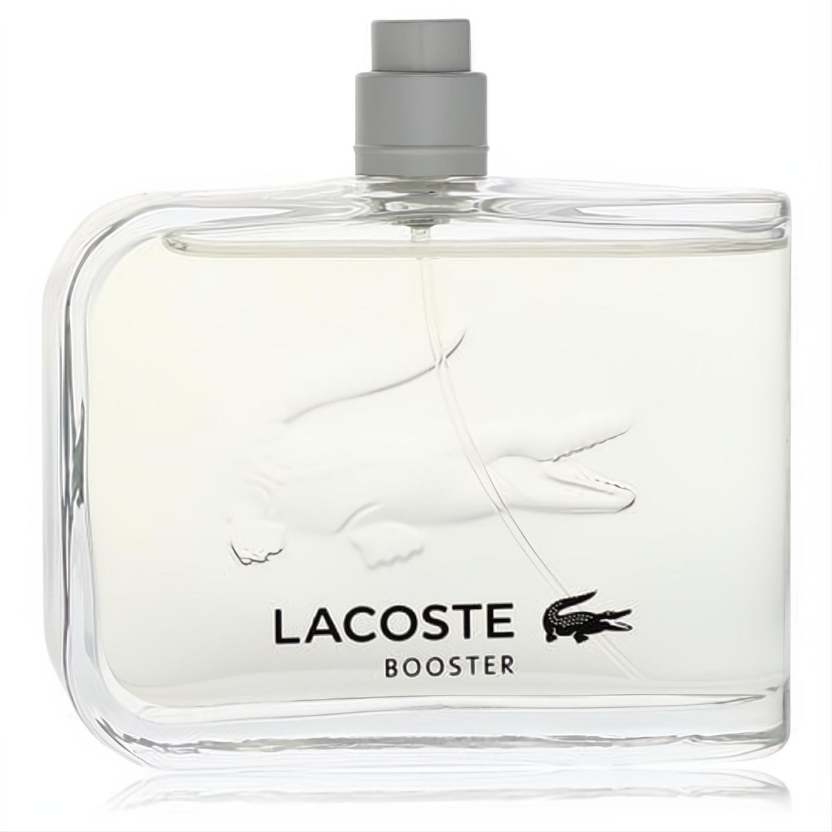 Sleek Lacoste Booster men's Eau De Toilette spray, 4.2 oz, in a clear glass bottle with embossed crocodile and grey cap.