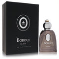 Luxurious Borouj Silage unisex Eau De Parfum, 2.8 oz. Sleek smoky brown glass bottle with silver and gold cap, beside its matte black box.
