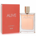 Boss Alive Eau De Parfum for women: Elegant clear glass bottle with warm peach fragrance, gold cap, and vibrant coral-orange box.