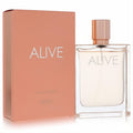 Hugo Boss Alive women's EDT. Clear glass bottle with rose gold cap and elegant peach-colored box.
