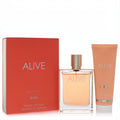 Boss Alive women's gift set: vibrant red-orange box, elegant 2.7 oz EDP bottle, and 2.5 oz body lotion tube.