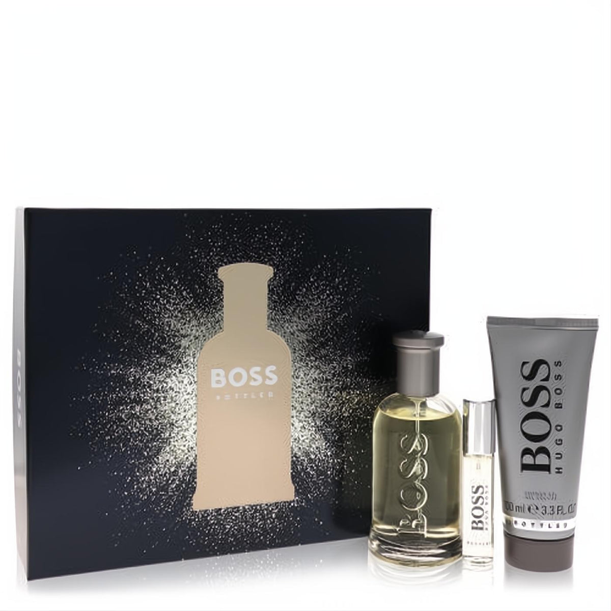 Boss No. 6 Hugo Boss men's fragrance gift set. Includes 3.3oz EDT, mini spray, and shower gel. Elegant black & gold box.