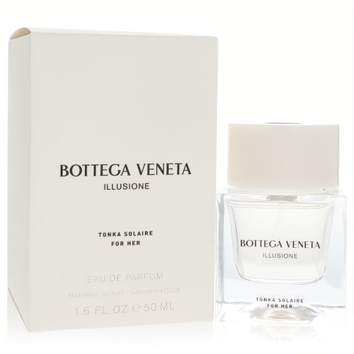 Exquisite Bottega Veneta Illusione Tonka Solaire 1.7 oz EDP. Clear square bottle, frosted cap, and chic white packaging.