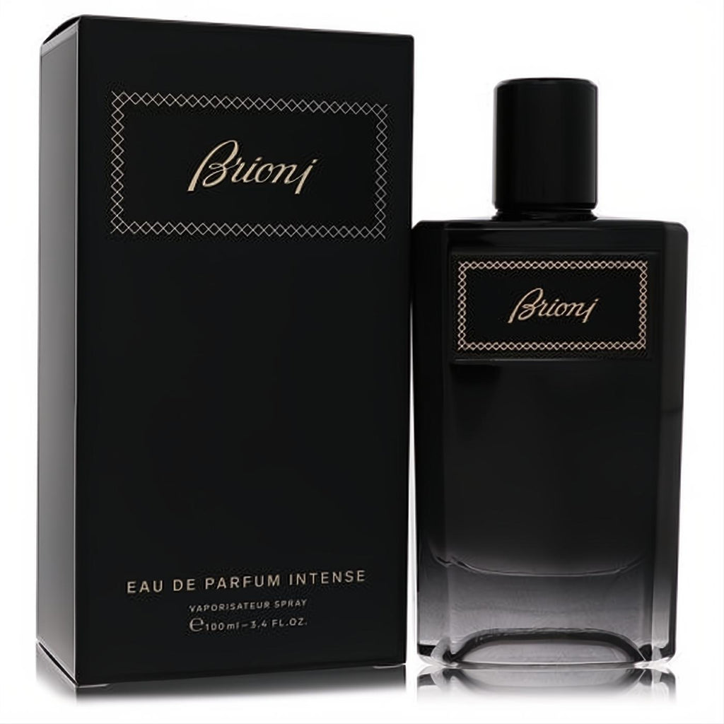 Experience Brioni Intense 3.4 oz Eau De Parfum. Elegant black glass bottle with gold script, matching box.