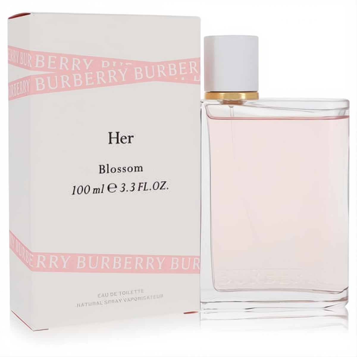 Elegant Burberry Her Blossom 3.3 oz EDT spray, featuring a clear glass bottle with light pink fragrance and its iconic white box.